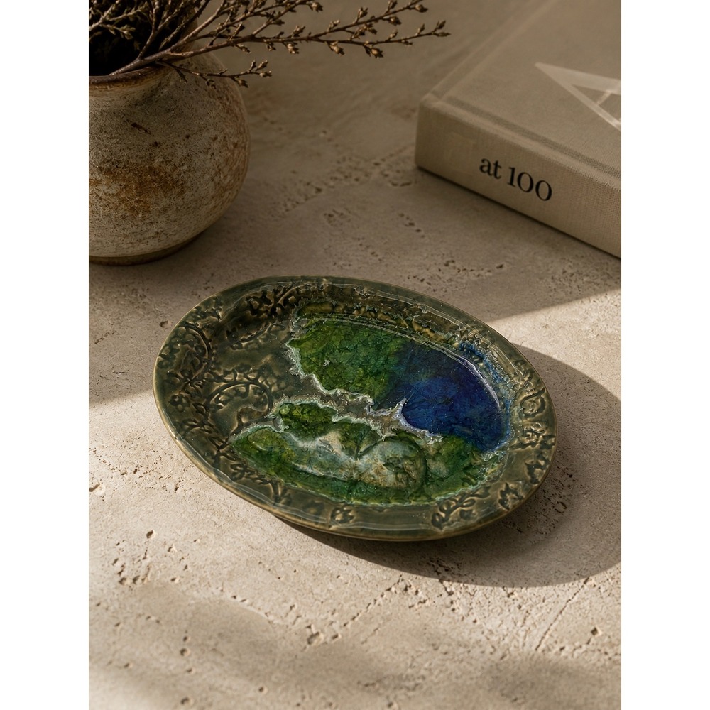 Karen Ford Portugal Ceramic Trinket Dish‎ Green Blue Crackle Glass Oval Catchall